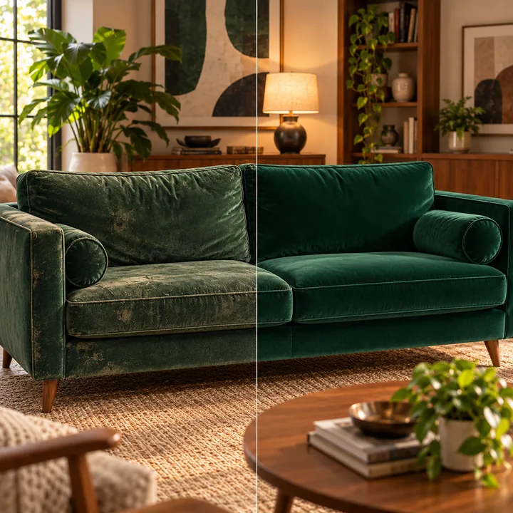Sofá veludo verde antes e depois da reforma